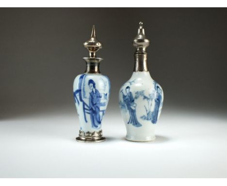 Two Chinese blue and white vases with later Dutch metal mounts, Kangxi, of ovoid shape and decorated with 'Long Eliza' type f