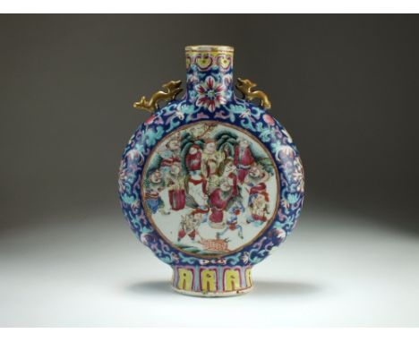 A Chinese famille rose moon flask, 19th Century, Tongzhi seal mark, decorated with a stag hunt to one side and Asiatic pheasa