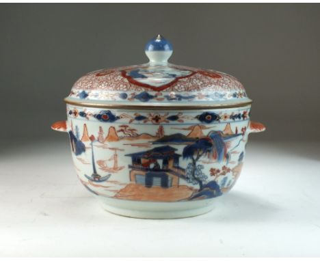 A Chinese Imari tureen and cover, Qianlong, of rounded form with cone finial and twin shell handles, decorated with a continu