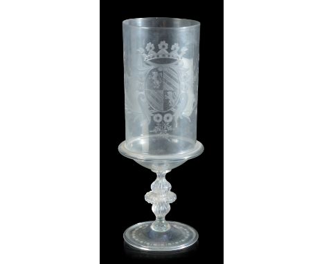 A GROUP OF THREE CONTINENTAL GLASSES including a white metal mounted wine glass, affixed with a coronet above a rose, 17cm hi