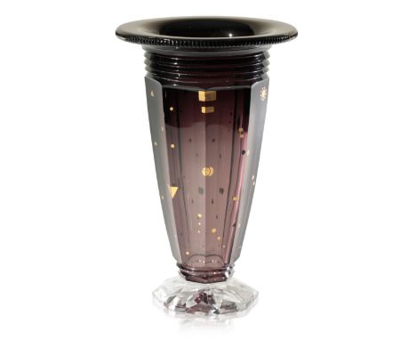 VAL SAINT LAMBERT: A 'SCALA ARDENNES' ART DECO CRYSTAL VASE 1930s, the vase cased in a light amethyst-brown tint, the surface