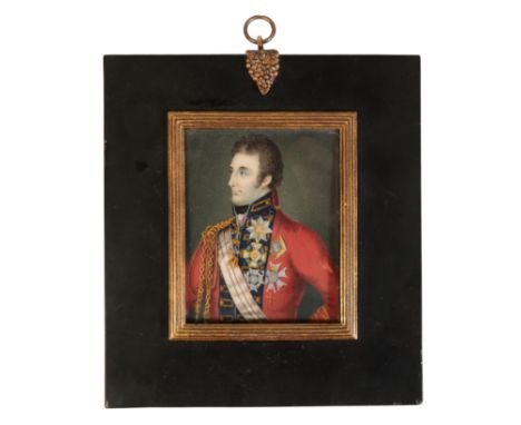 A PORTRAIT MINIATURE, THE DUKE OF WELLINGTON 19th century, in profile, watercolour on ivory, 9cm x 7.5cm Note: inscribed to t