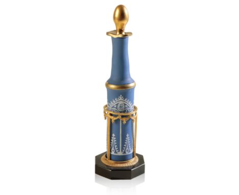 A BLUE OPALINE GLASS SCENT BOTTLE WITH CLASSICAL STYLE STAND second-half of the 19th century, the cylindrical body with archi