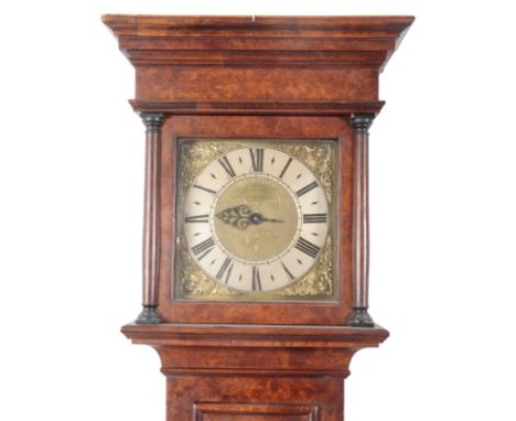 A BURR WALNUT LONGCASE CLOCK BY JOHN TRIBE OF PETWORTH with thirty hour movement, the brass dial with silvered chapter ring a