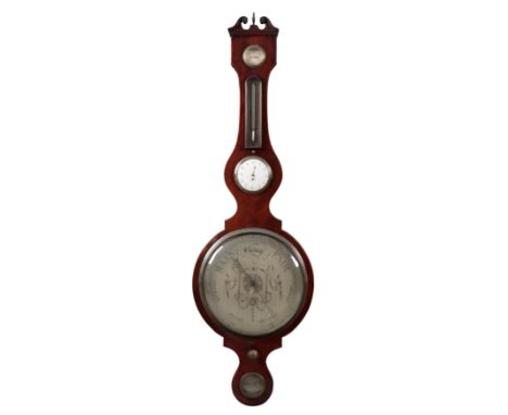 A GEORGE III MAHOGANY WHEEL BAROMETER AND CLOCK BY C. POZZI OF LIVERPOOL the swan neck pediment is above a 'dry damp' dial, t