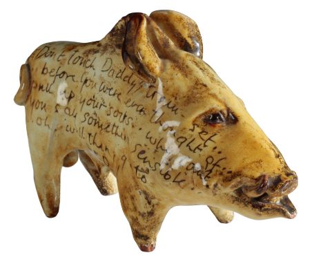 AFTER GRAYSON PERRY (B.1960) 'The Children's Bore' a glazed model of a boar, decorated with script typical of parents admonis