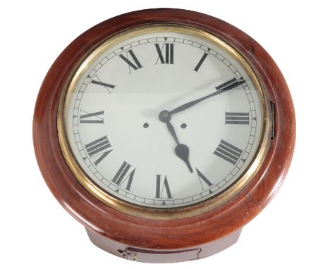 A VICTORIAN MAHOGANY WALL CLOCK with later movement, the white enamel dial with black roman numerals, 40cm high 