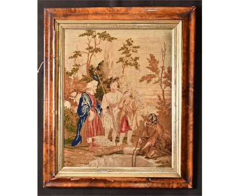 An early 20th Century tapestry of 17th Century figures in a classical garden. With damage to frame, unglazed. H=67, W=56cm