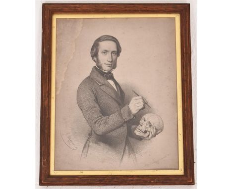 With a Victorian lithograph portrait study of a scholar holding a skull. H=34, W=27.5cm