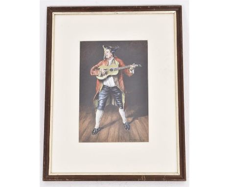 F Philpot. Watercolour, full length portrait study of a jester playing a guitar. H=44, W=34cm