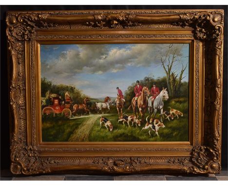 A large oil on canvas of a hunting scene, within a heavy carved gilt wood frame, unglazed. H=100, W=130cm