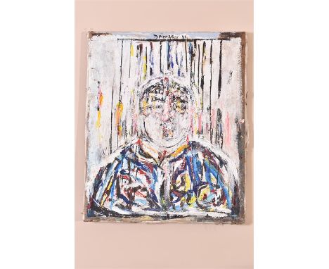 An oil on canvas, a Surrealist portrait study. With damage to canvas. H=55, W=46, D=2cm