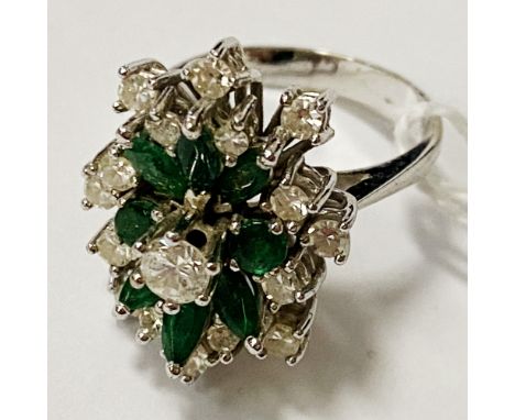 WHITE GOLD DIAMOND &amp; EMERALD RING - SIZE L - 7.5 GRAMS APPROX