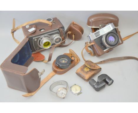 Turmon 8x monocular, leather cased compass, Del Monta reflex cameras, Contina 35mm camera, Chalet gentleman's watch and anoth
