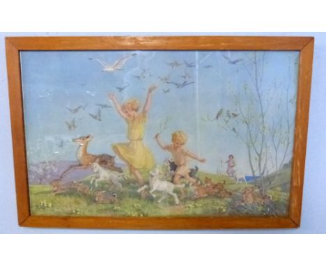 Margaret W. Tarrant - 1930's pastoral scene of children and animals, print, framed and glazed