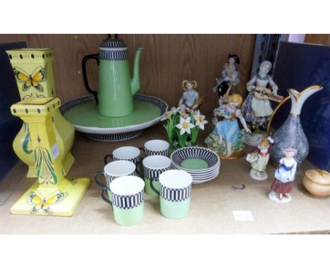 Royal Worcester coffee set on stand, date mark for 1917, Shelley Art Nouveau vase and candle stick, various continental figur