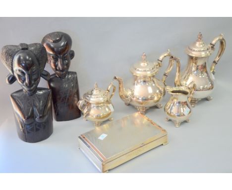 Silver presentation cigarette box, four piece silver plated tea service and two African hardwood carvings