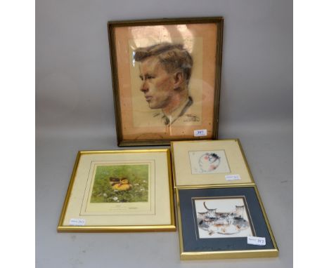 Walter Mayer Falk pastel portrait, and  three animal prints including a David Shepherd.