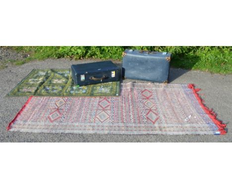 Cream ground rug, 20th century tapestry and two Globe Trotter suitcases
