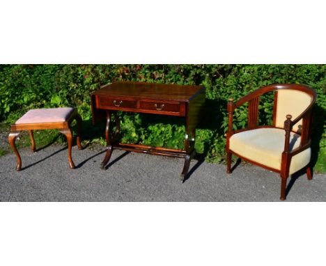 Mahogany Sofa table, a tub chair and stool