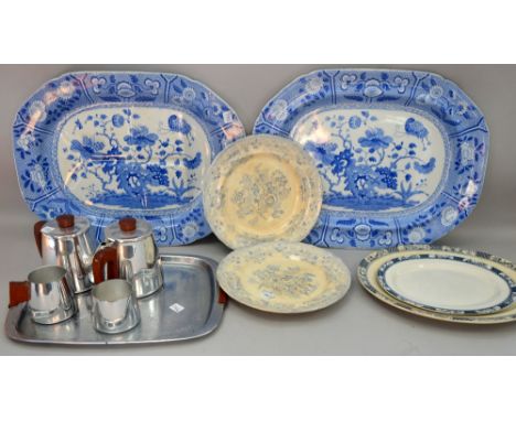 Two Spode carving dishes, a meat plate, other blue and white china and a tea service