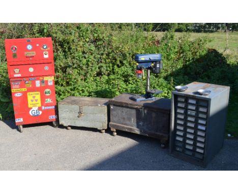 Large collection mechanics tools, in four tool boxes and a Titan 9 speed bench pillar drill