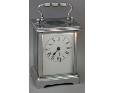 Silver coloured metal four glass carriage clock with barrel movement, (key),