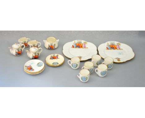 Foley China miniature commemorative teaset including sugar bowl, milk jug, teapots, cups and saucers