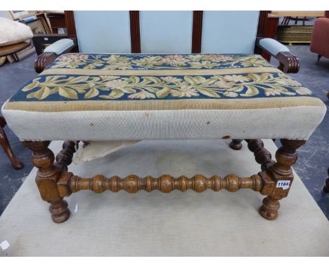 AN OAK STOOL, TAPESTRY SEAT OF FLOWERS AND OF GRAPES, BOBBIN TURNED.   W 66 x D 41 x H 37cms.
