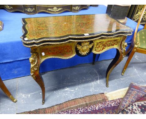 A MID 19th.C.FRENCH BOULLE WORK CARD TABLE WITH SWEPT CABRIOLE LEGS AND ORMOLU MOUNTS.   W.90cms.