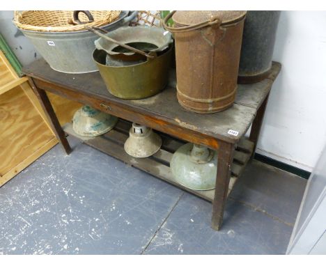 A VINTAGE WORK BENCH OR POTTING TABLE WITH SLATTED UNDERTIER ON SQUARE LEGS.   121 x 58 x H.66cms.