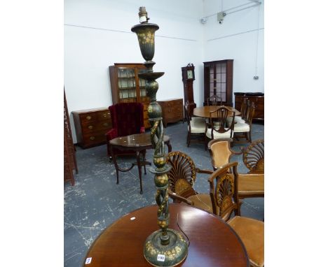 TWO SIMILAR KASHMIRI BLACK LACQUER CANDLE STICK LAMPS PAINTED WITH COLOURED FLOWER AND GILT WITH FOLIAGE.   91 AND 103cms. HI