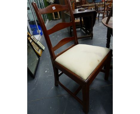 THREE GEORGIAN MAHOGANY LADDER BACK CHAIRS, EACH WITH THREE RUNGS BETWEEN CYLINDRICAL UPRIGHTS, THE DROP IN SEATS ON SQUARE S