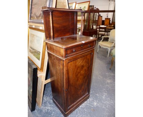 A VICTORIAN MAHOGANY SIDE CUPBOARD WITH FITTED DRAWER AND SHELF BY JOHNSTONE JUPE &amp; Co, LONDON.   W.58 x H.140cms.