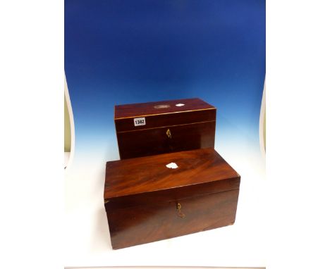 A LATE GEORGIAN MAHOGANY AND BOXWOOD TEA CADDY WITH FITTED INTERIOR TOGETHER WITH A SIMILAR CADDY.  (2)