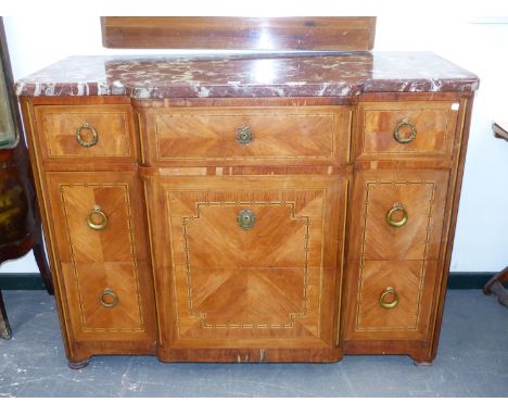 A LATE 19th.C.FRENCH BREAKFRONT COMMODE WITH ROUGE MARBLE TOP, ORMOLU RING HANDLES AND INLAID BORDERS.   W.121 c D.53cms.