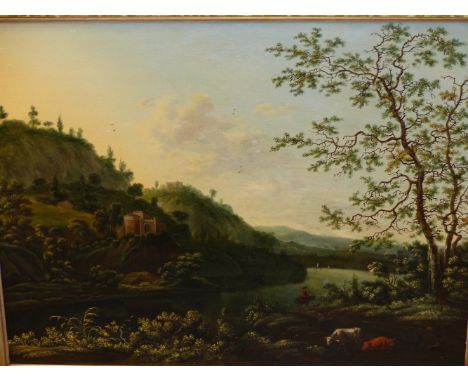 OLD MASTER SCHOOL   A RIVERSCENE WITH FOREGROUND FIGURES AND CATTLE, OIL ON PANEL IN A CARVED GILTWOOD FRAME.   42 x52cms.