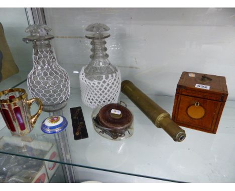 A REGENCY INLAID SMALL TEA CADDY, A BRASS TELESCOPE, A PAIR OF RING NECK DECANTERS, ETC.  (QTY)