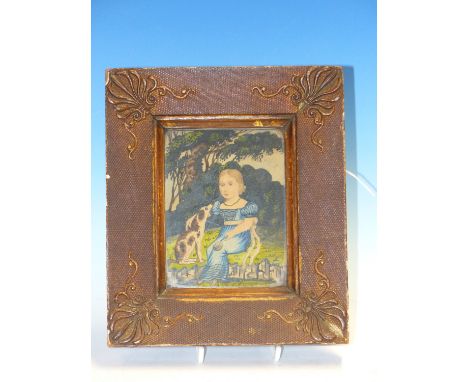 19th.C.ENGLISH NAIVE SCHOOL.   A PORTRAIT OF A SEATED GIRL WITH HER DOG, WATERCOLOUR.   13 x 10