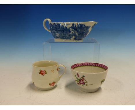 A CAUGHLEY BLUE AND WHITE SAUCE BOAT PRINTED WITH CHINESE ISLANDS, A DERBY CUSTARD CUP PAINTED WITH ROSES AND A NEW HALL TEA 