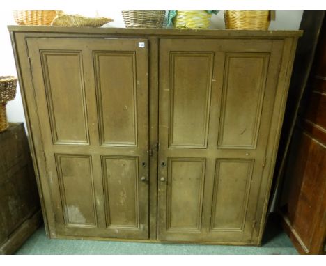 A LARGE ANTIQUE PAINTED PINE ARCHITECTURAL PANEL DOOR CUPBOARD WITH SHELVED INTERIOR.   W.168 x H.153cms.