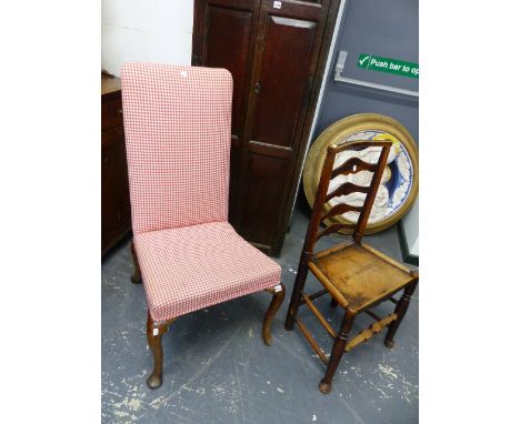 A GEO.II. SIDE CHAIR ON SHAPED WALNUT LEGS TOGETHER WITH AN 18th.C.COUNTRY LADDER BACK CHAIR.  (2)