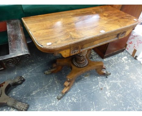 A VICTORIAN ROSEWOOD FOLD OVER CARD TABLE ON PEDESTAL BASE.   W.90cms.