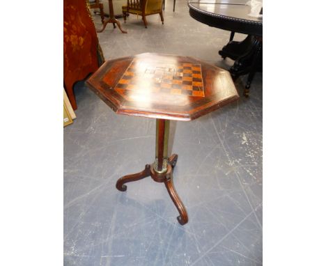 AN EARLY 19th.C.MAHOGANY AND BRASS INLAID TRIPOD TABLE WITH ROSEWOOD AND SATINWOOD CHEQUERBOARD TOP.   53 x 53 x H.75cms.