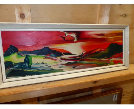 GEORGE R. DEAKINS.  (1922-1982)  ARR.   TWO LANDSCAPES, SIGNED, ARTIST'S LABELS VERSO, OIL ON BOARD.   15 x 46cms.