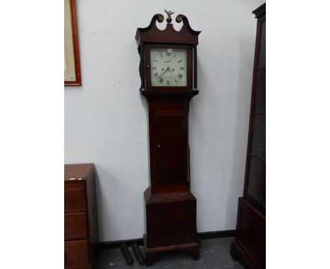 AN EARLY 19th.C.MAHOGANY AND EBONY INLAID LONGCASE CLOCK WITH 12" PAINTED DIAL AND 8-DAY MOVEMENT COMPLETE WITH WEIGHTS AND P