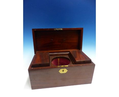 A MAHOGANY RECTANGULAR TEA CADDY, THE INTERIOR CANNISTERS WITH HINGED LIDS FLANKING A COMPARTMENT FOR A MIXING BOWL AND CONTA