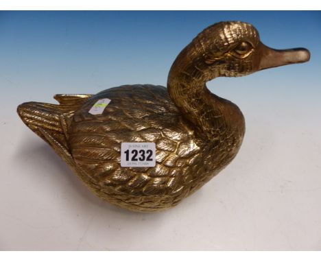 A MARIO MANETTI GILT METAL DUCK SHAPED ICE BUCKET WITH CERAMIC LINER.   W 28.5cms.