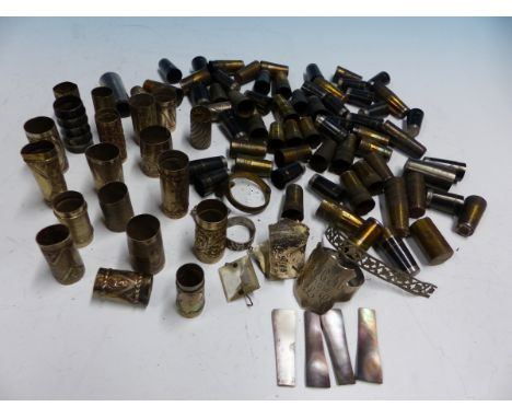 A COLLECTION OF WALKING STICK MOUNTS, FERRULES AND BANDS TO INCLUDE SOME IN WHITE METAL.