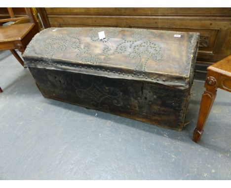 AN ANTIQUE VELUM COACHING TRUNK WITH BRASS STUD DECORATION AND TWO LOCKS.   108 x 51 x H.47cms.